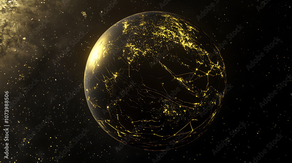 Aufkleber The Earth is covered with golden lines on a dark background Digital art technology was used with a dark gold and black color scheme