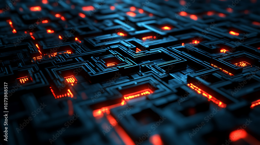 Poster Digital labyrinth futuristic 3d network of interconnected data nodes abstract background