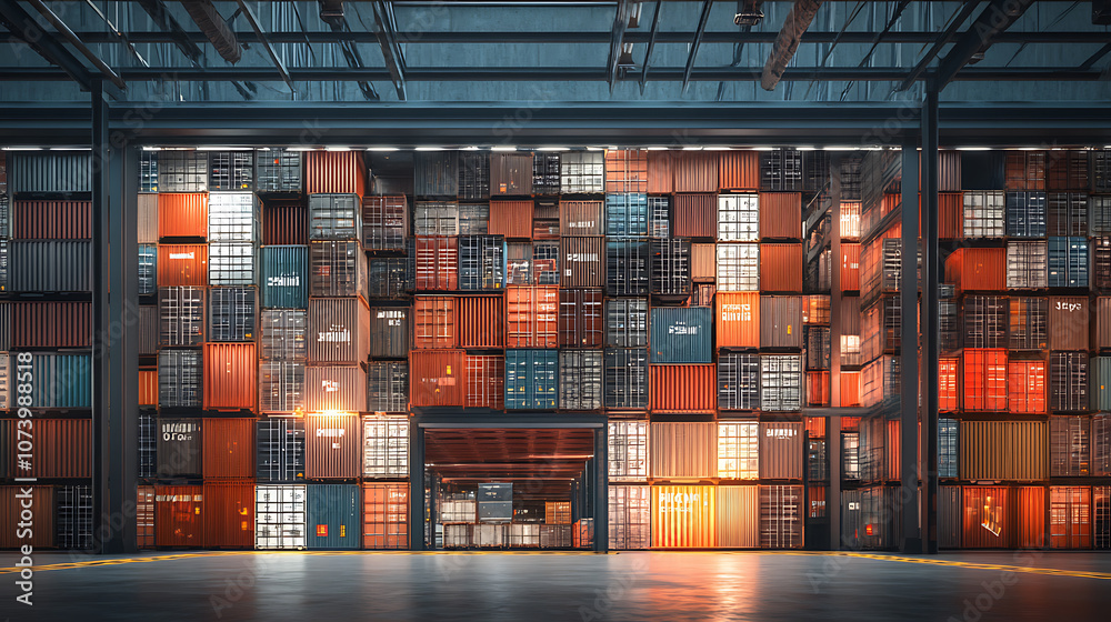 Poster Stacked cargo containers in a warehouse are prepared for temporary storage, loading, unloading, and sorting at a container point, exemplifying cargo transportation logistics