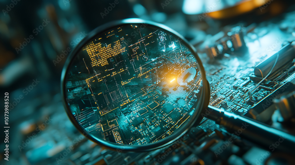 Poster detective magnifying glass inspecting network components investigating connectivity issues concept
