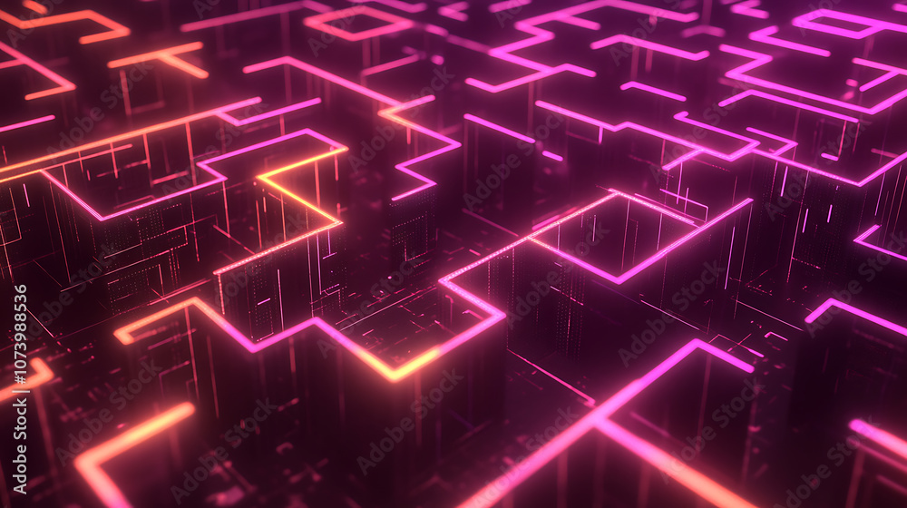 Poster Digital labyrinth futuristic 3d network of interconnected data nodes abstract background