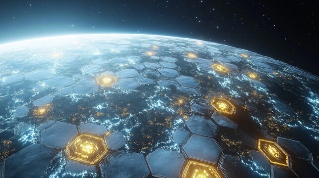 A futuristic planetary surface with glowing hexagonal patterns creates a captivating technological and cosmic atmosphere. the illuminated hexagons suggest an interconnected network or data grid