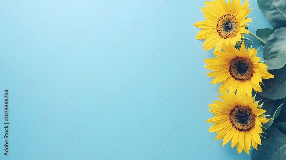 Poster the sunflowers on the right side of an empty blue background, with a top view banner and copy space 