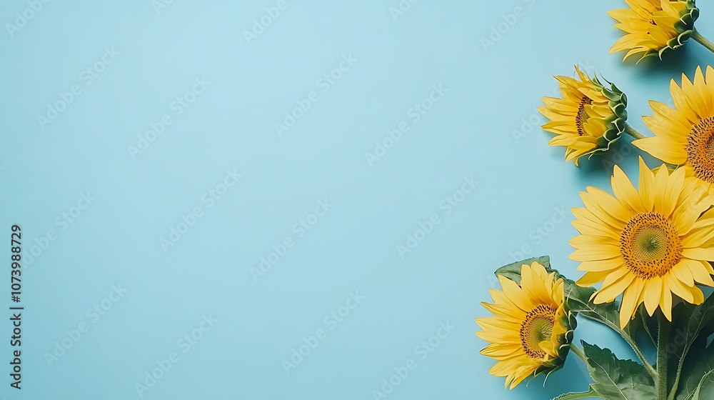Poster the sunflowers on the right side of an empty blue background, with a top view banner and copy space 
