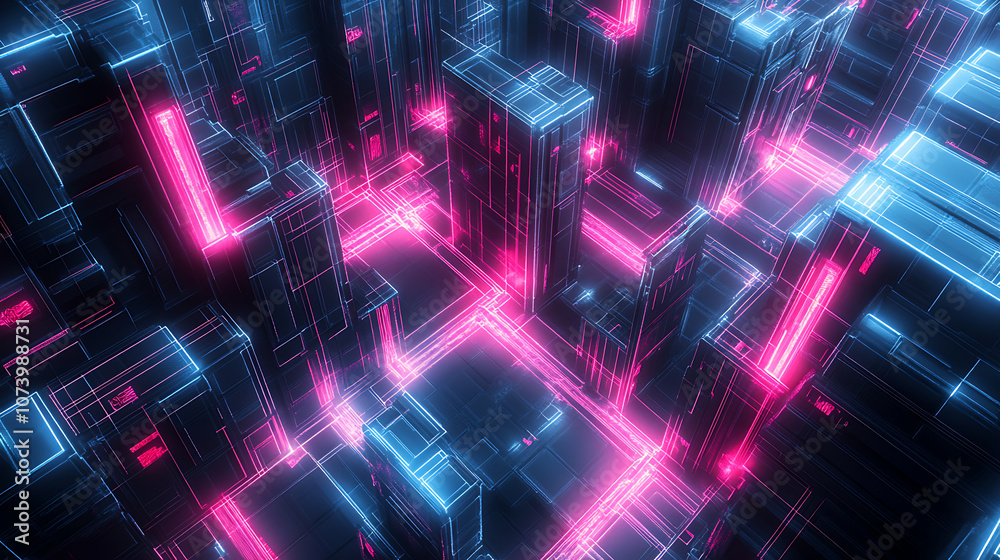 Poster Digital labyrinth futuristic 3d network of interconnected data nodes abstract background