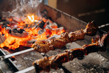 Grilled meat skewers roasting over charcoal flames, capturing the essence of BBQ perfection
