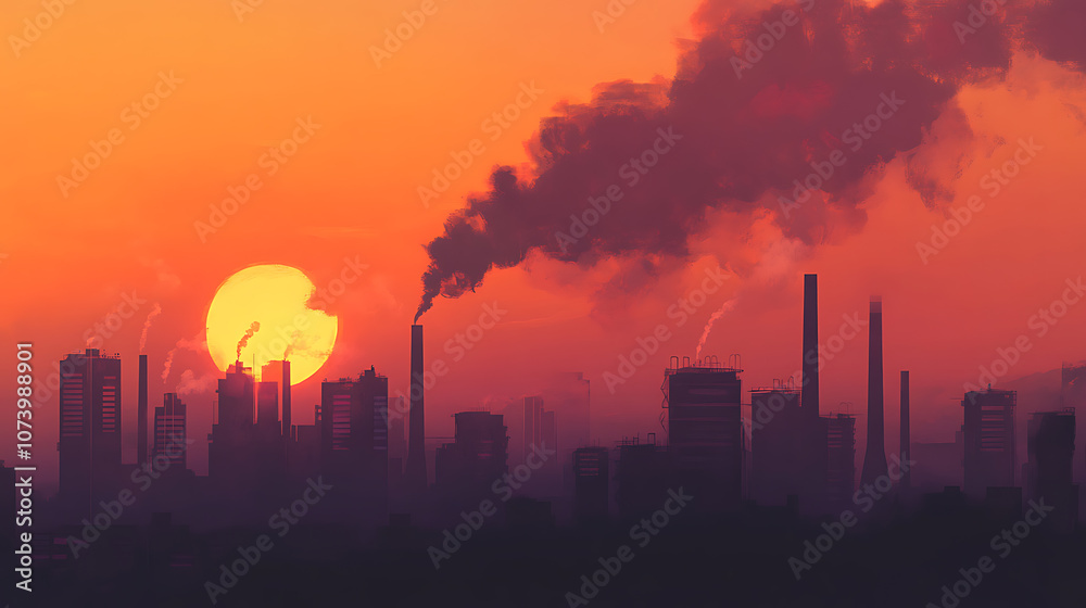 Poster toxic smoke from industrial factories floating in the air, causing pollution and harming the environ