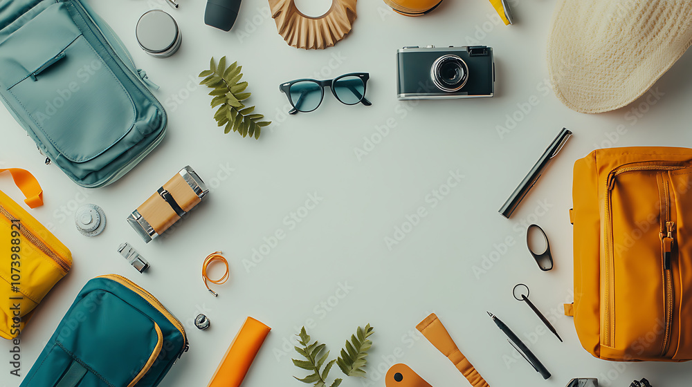 Leinwandbilder top view of hiking and camping items arranged on an abstract white background with flat lay and copy