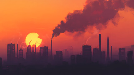 Fototapeta premium Toxic smoke from industrial factories floating in the air, causing pollution and harming the environment and health of city populations, vector illustration and flat design