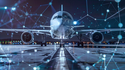 An Airplane on the Runway at Night, Illuminated by City Lights and Enhanced With Digital Technology Elements Representing Connectivity and Innovation in Aviation