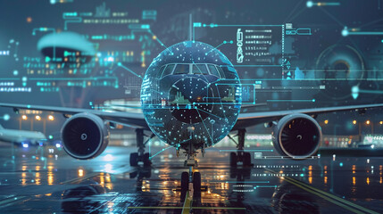 A Modern Aircraft at a Busy Airport Illuminated by Neon Lights Showcases Advanced Technology and Digital Interfaces During a Rainy Evening