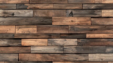 Naklejka premium A textured wooden wall featuring a mix of dark and light brown tones, creating a warm and rustic ambiance.