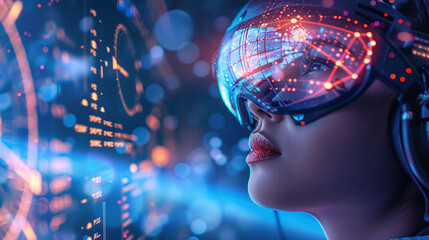 A Woman Wearing Advanced Virtual Reality Goggles Explores a Digital World Filled With Vibrant Data Visualizations and Futuristic Graphics in a Tech-Savvy Environment