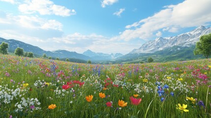Obraz premium A vibrant landscape filled with colorful wildflowers in the foreground, set against majestic mountains under a blue sky.