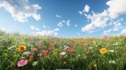 Obraz premium A vibrant field of colorful wildflowers under a bright blue sky with fluffy clouds.