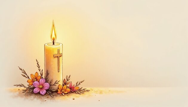  Lit memorial candle with flowers and cross symbol illustration.