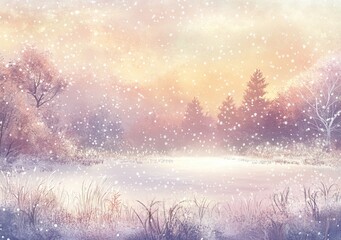 A beautiful snow scene background, with soft sunlight shining on the ground through the trees 