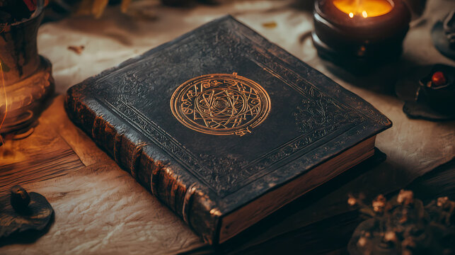 A mysterious grimoire bound in ancient leather, its pages filled with cryptic runes and arcane symbols, whispering forgotten secrets. Arcane. Illustration