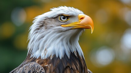 Obraz premium A close-up portrait of a bald eagle with its head turned to the side. The eagle's sharp eyes and powerful beak are visible.