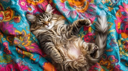 Obraz premium Fluffy Cat on Colorful Blanket, a charming scene featuring a soft cat lounging comfortably on a vibrant, patterned fabric that adds a delightful touch of whimsy and warmth.