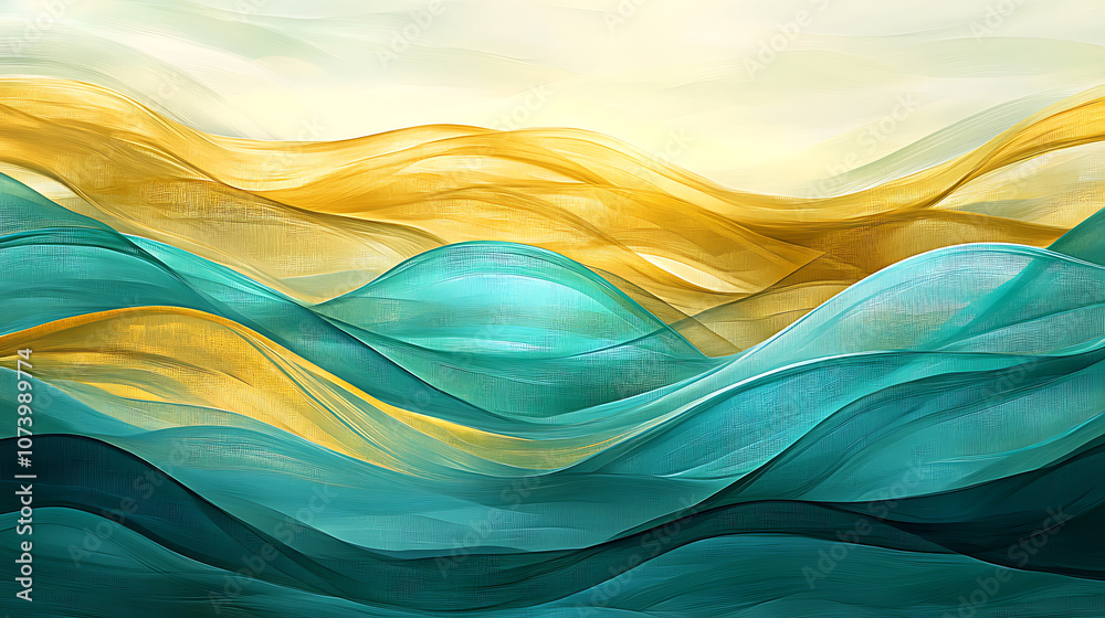 Poster abstract gold waves with aqua teal and yellow textured layers modern art background of stylized flow