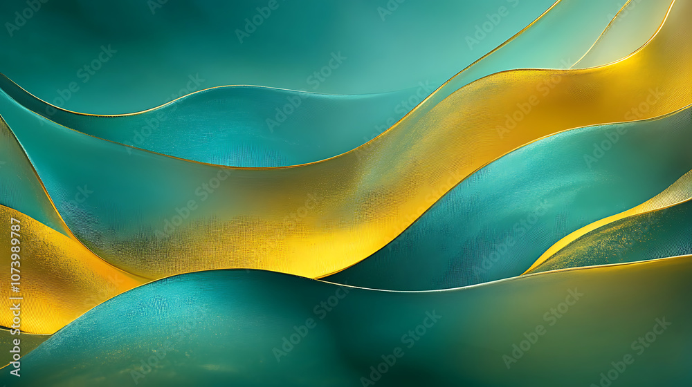 Poster abstract gold waves with aqua teal and yellow textured layers modern art background of stylized flow
