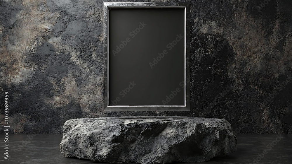Aufkleber abstract stone podium display with water and silver frame on dark gray background 3d product present
