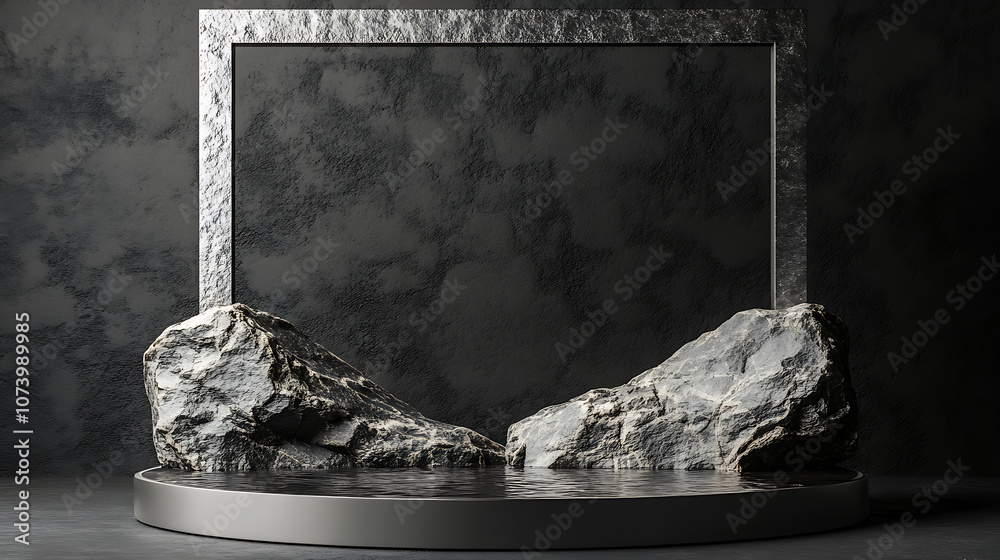 Aufkleber Abstract stone podium display with water and silver frame on dark gray background 3d product presentation