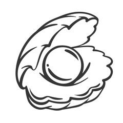 Open shell with rare pearl line icon. Outline hand drawn oyster, side view of vintage seashell with mother of pearl ball. Treasure, marine animal mascot, aquatic shellfish icon vector illustration