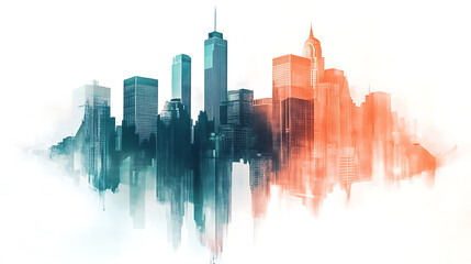 Fototapeta premium Abstract watercolor cityscape with skyscrapers double exposure urban scene orange and teal digital art