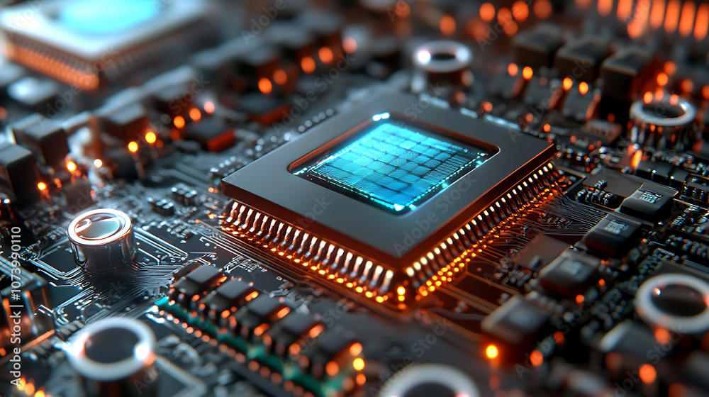 Aufkleber Advanced supercomputer processor server room with quantum computing silicone chips 3d illustration