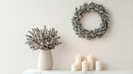Cozy winter decor with wreath and candles in a serene setting