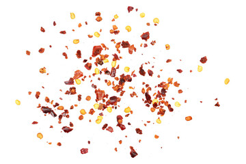 Spicy chili red pepper flakes, chopped, milled dry paprika pile isolated on white, top view
