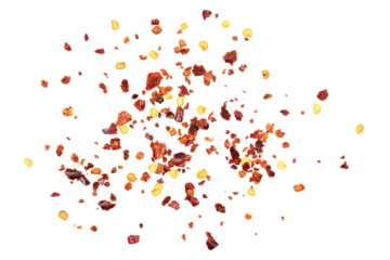 Spicy chili red pepper flakes, chopped, milled dry paprika pile isolated on white, top view