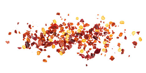 Spicy chili red pepper flakes, chopped, milled dry paprika pile isolated on white, top view
