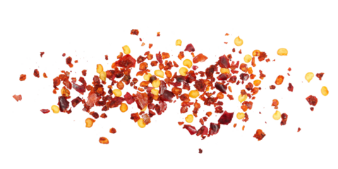 Spicy chili red pepper flakes, chopped, milled dry paprika pile isolated on white, top view