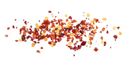 Fotobehang Chili Pepers Spicy chili red pepper flakes, chopped, milled dry paprika pile isolated on white, top view  © dule964