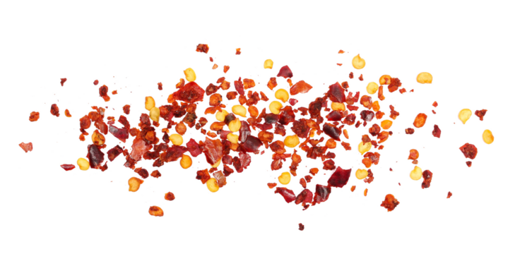 Spicy chili red pepper flakes, chopped, milled dry paprika pile isolated on white, top view