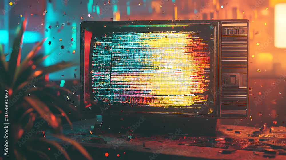 Poster Glitchy retro television screen with abstract scanlines and static graphic resource