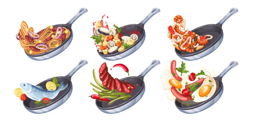 Tossing in air cartoon frying pan with food set. Meat and fish, vegetables and seafood ingredients cooked in frying pan with spices. Cooking mascot, cartoon chef skillets of dinner vector illustration