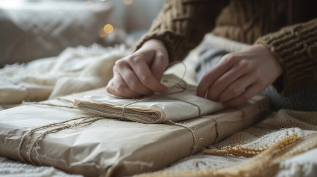 Packaging handmade gifts with string on a cozy bed