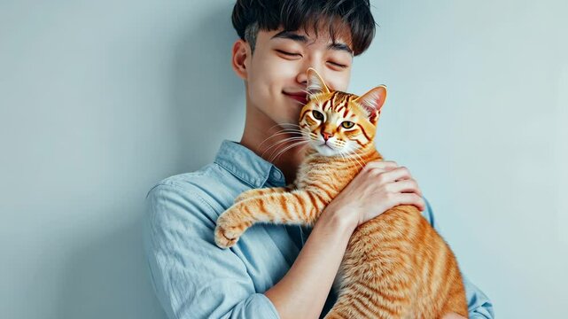Asian man in a light blue shirt hugging an orange cat, standing against a white wall, soft even lighting