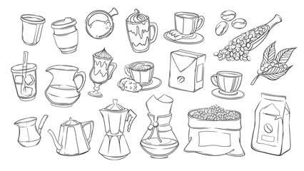 Coffee doodle set, cafe menu line icons. Hand drawn retro cup of hot and cold drink, bag and scoop of beans, pot and sweet dessert. Coffee break mascot, outline icons collection vector illustration
