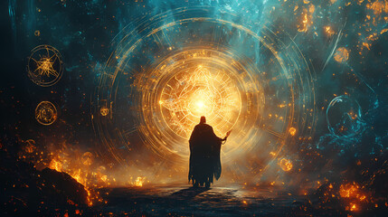 A powerful wizard figure summoning a portal to another world surrounded by arcane symbols. Arcane. Illustration