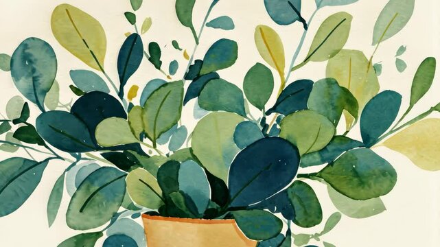 Minimalistic watercolor potted plant with simple leaves and stems, isolated on a clean white background for postcards, banners