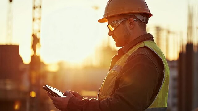 foreman in a protective helmet and glasses holding a tablet on a construction site, sunlight, blurred background with machinery