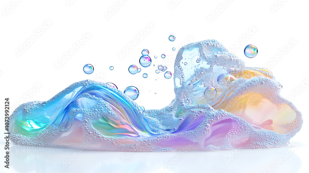 Poster Iridescent soap foam and colorful bubbles floating gracefully isolated on pure white background abstract photo