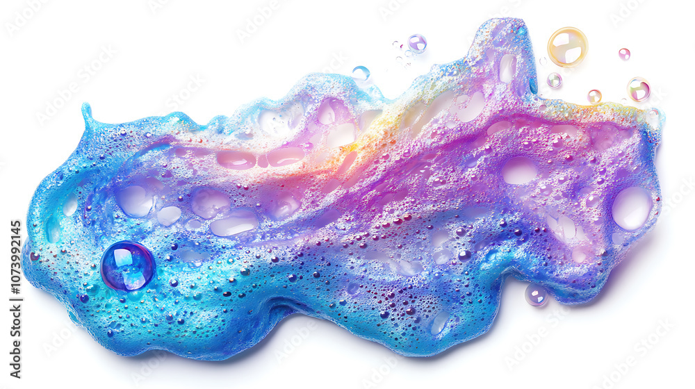 Poster Iridescent soap foam and colorful bubbles floating gracefully isolated on pure white background abstract photo