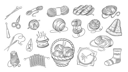 Knitting line icons set. Hand drawn retro tools, woolen yarn ball and skein to knit handmade knitwear. Needlework, handicraft mascots, outline knitting kit icons collection vector illustration