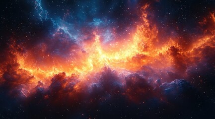 Fototapeta premium A fiery, swirling nebula in space with a mix of red, orange, yellow, and blue hues.